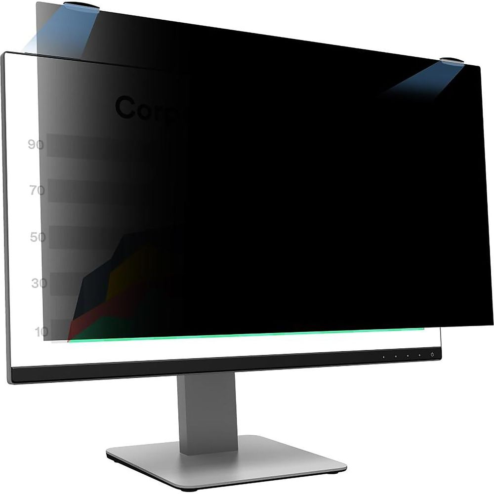 Ein Monitor mit einem Sichtschutzfilter, der eine Grafik mit Skalen anzeigt.