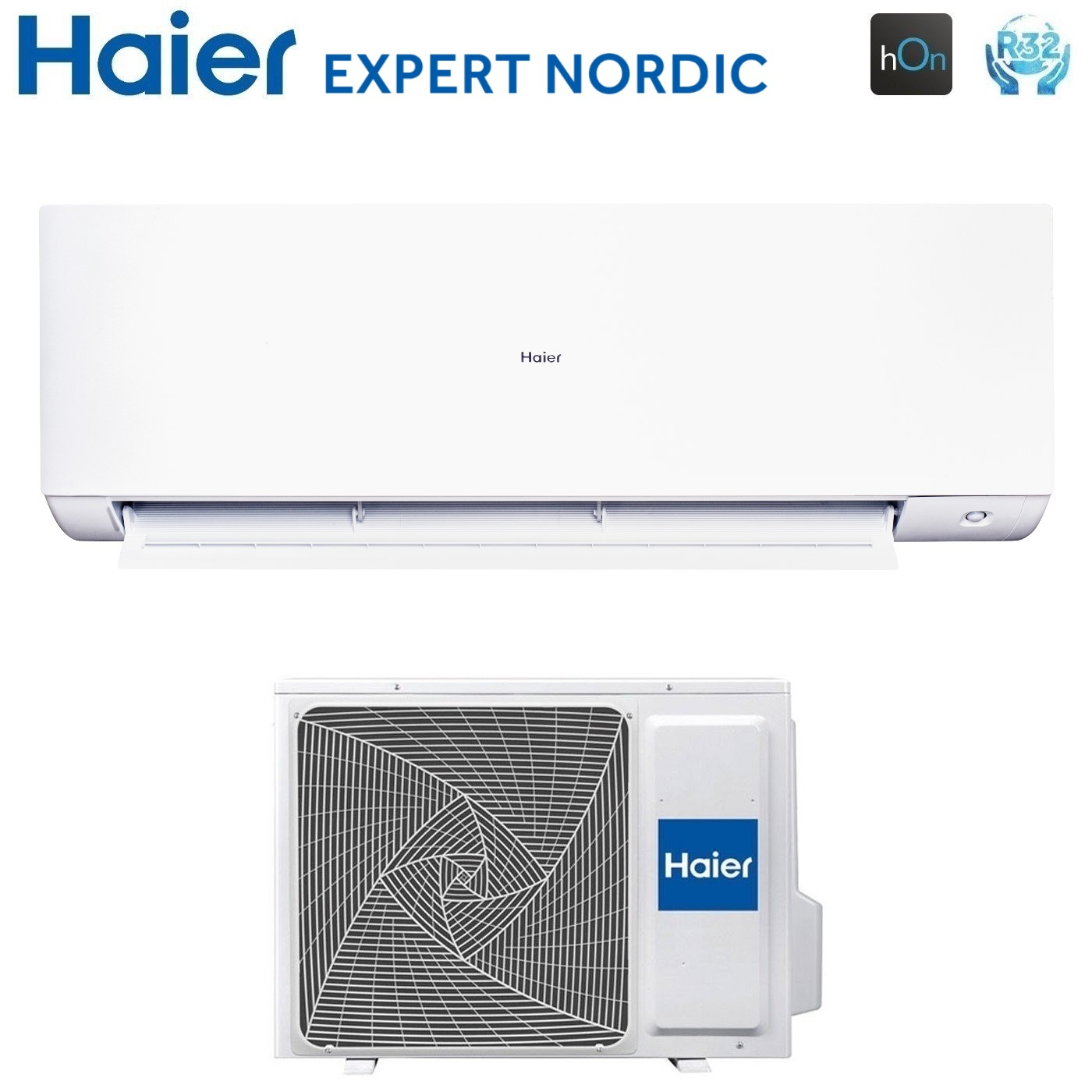 Un set di condizionatore Haier bianco con unità interna sopra e unità esterna sotto.
