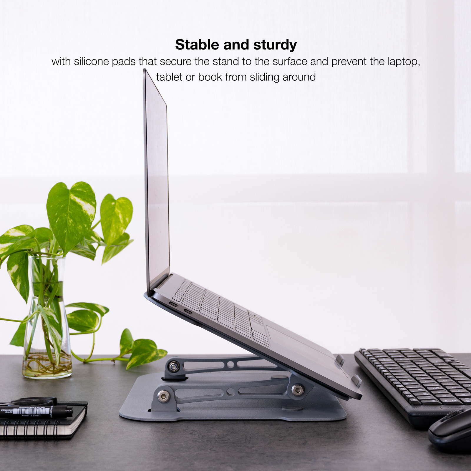 Laptop auf einem grauen Ständer mit Tastatur und Maus daneben, daneben eine Pflanze.