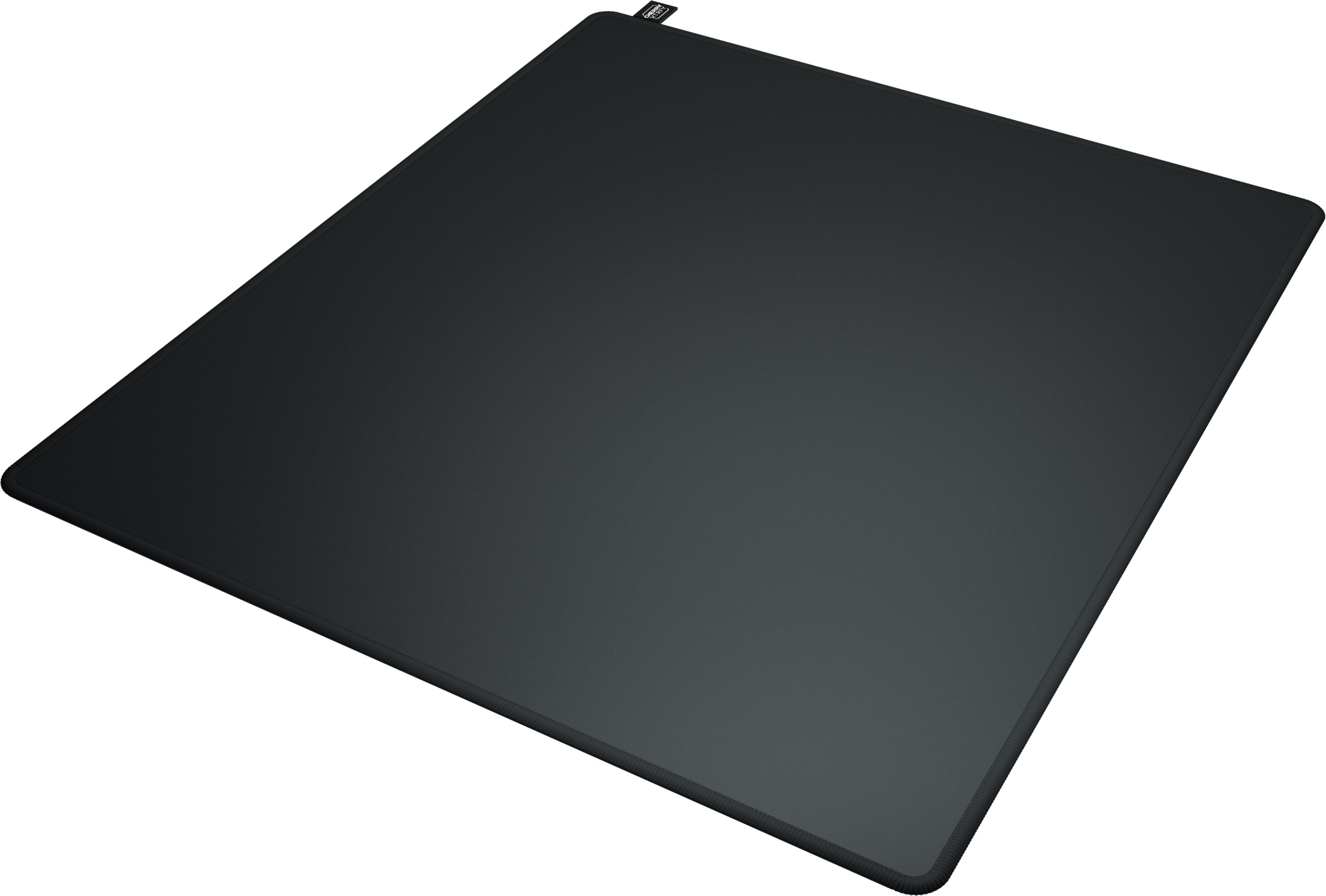 Eine schwarze, rechteckige Mausmatte mit abgerundeten Ecken, auf weißem Hintergrund.