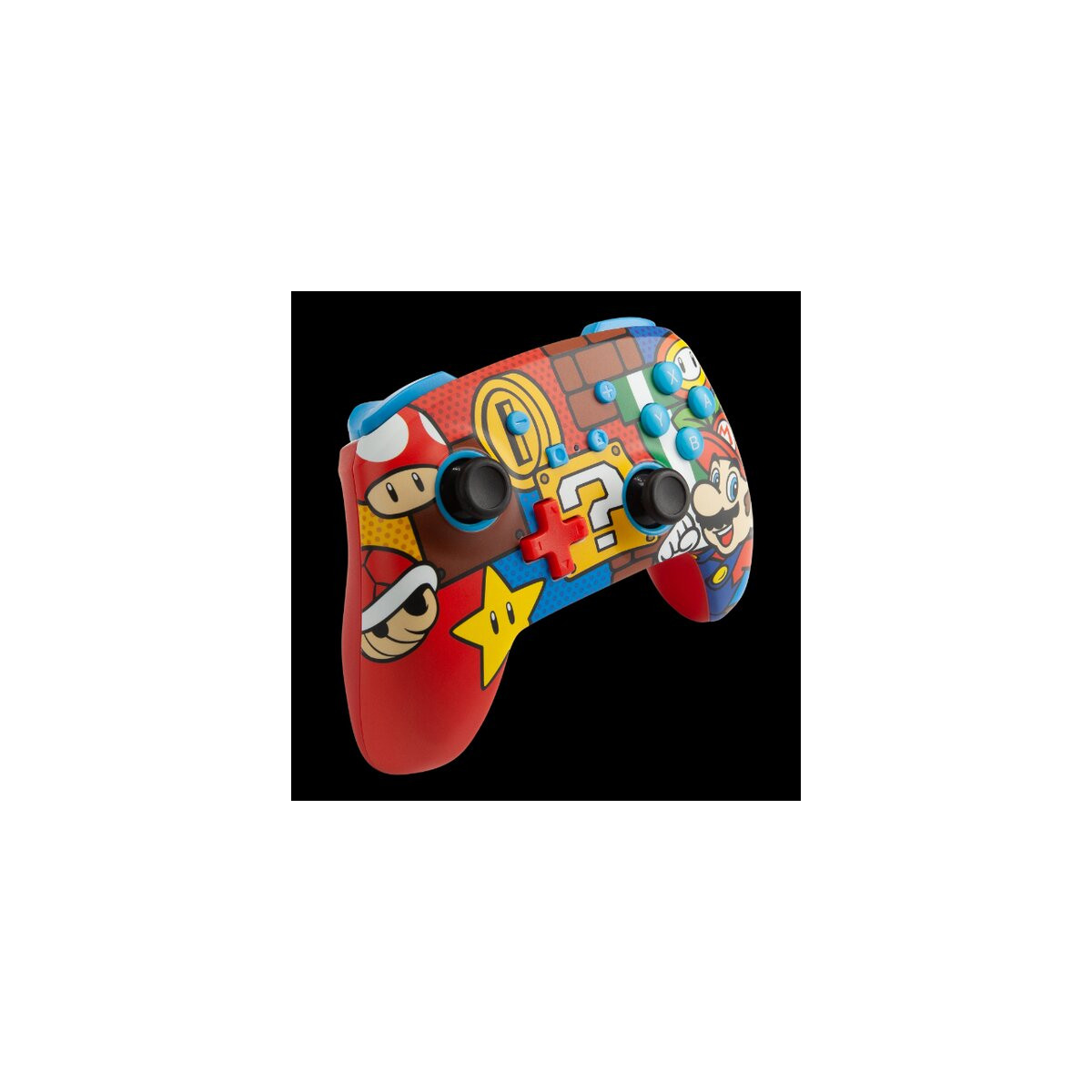 Ein roter Controller mit Mario-Motiven, darunter Pilze, Sterne und Fragezeichen.