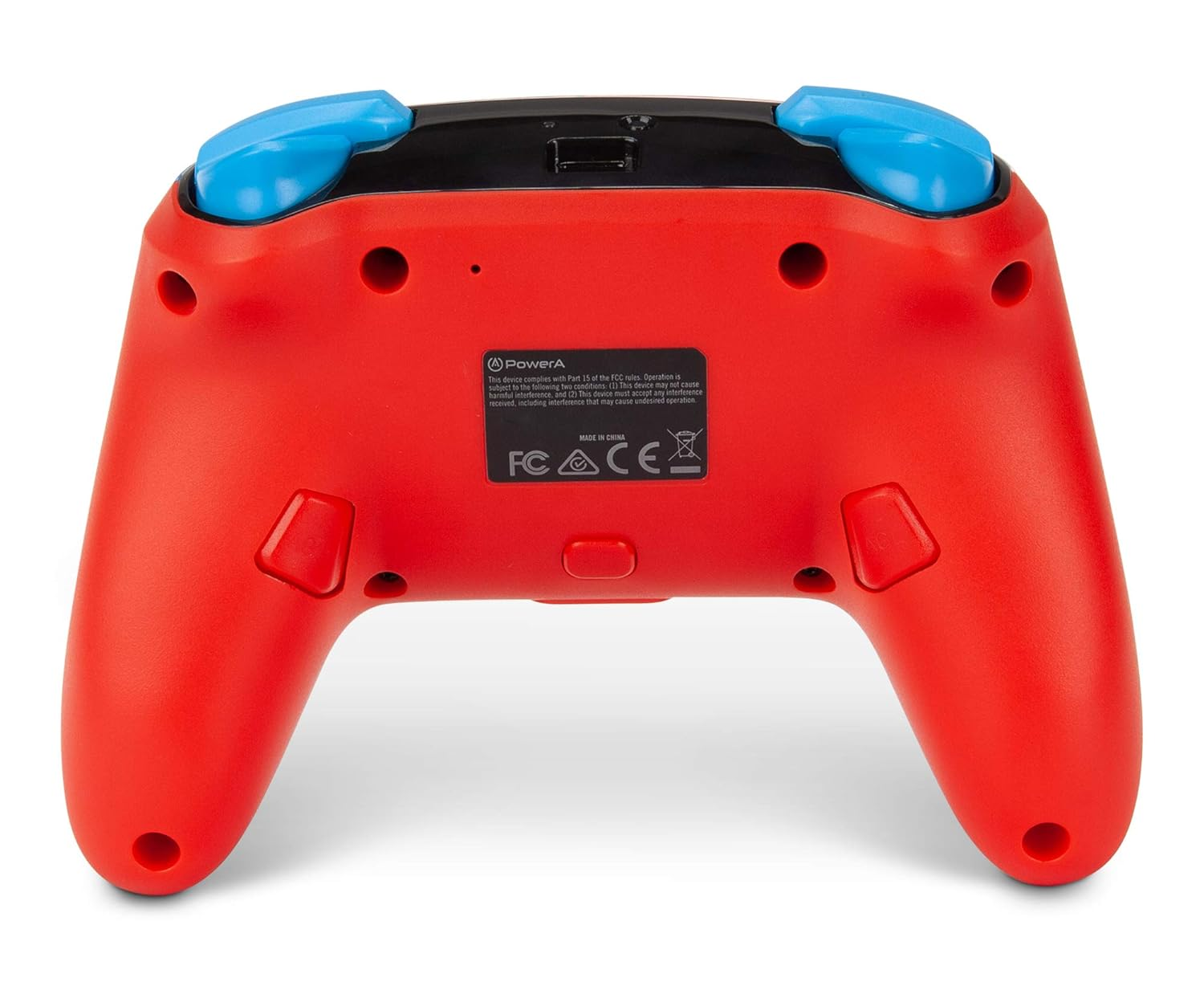 Rote Gamecontroller-Rückansicht. Blaue Tasten oben. Weiße Textbeschriftungen.