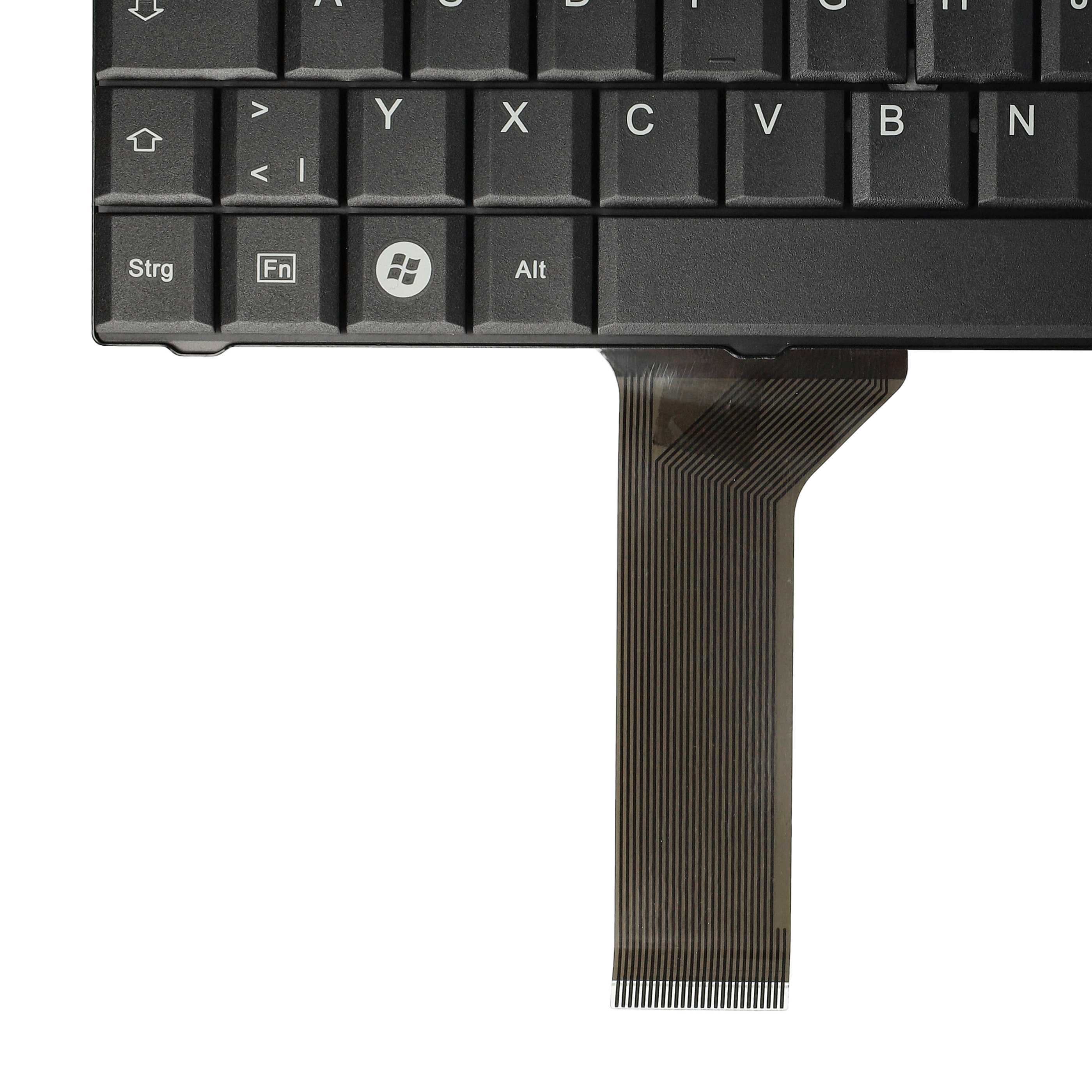 Schwarze Tastatur mit silbernen Tasten und Flachbandkabel.