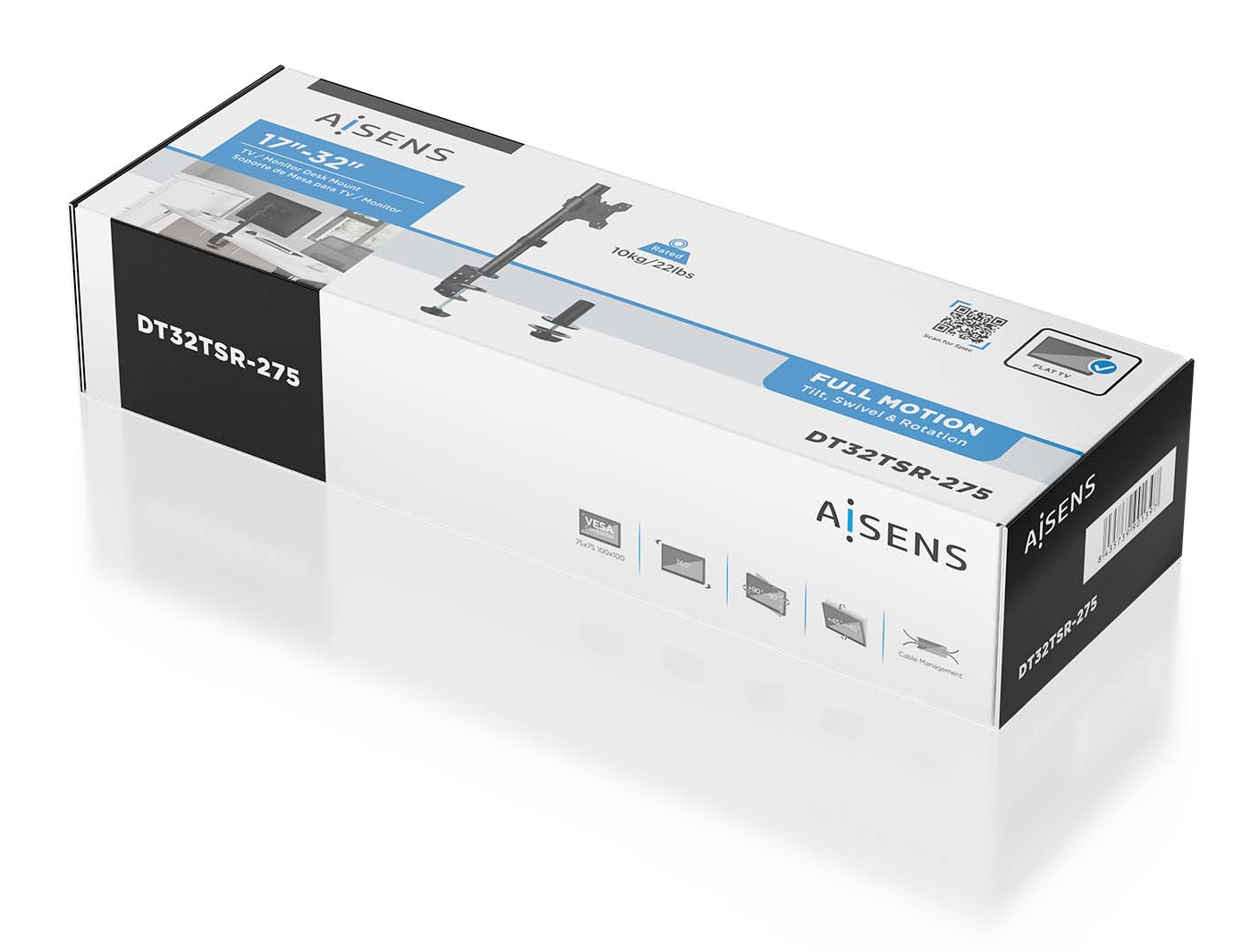 Verpackung für einen AISENS 17-32 Zoll Monitor-Schreibtischhalter, Modell DT32TSR-275.
