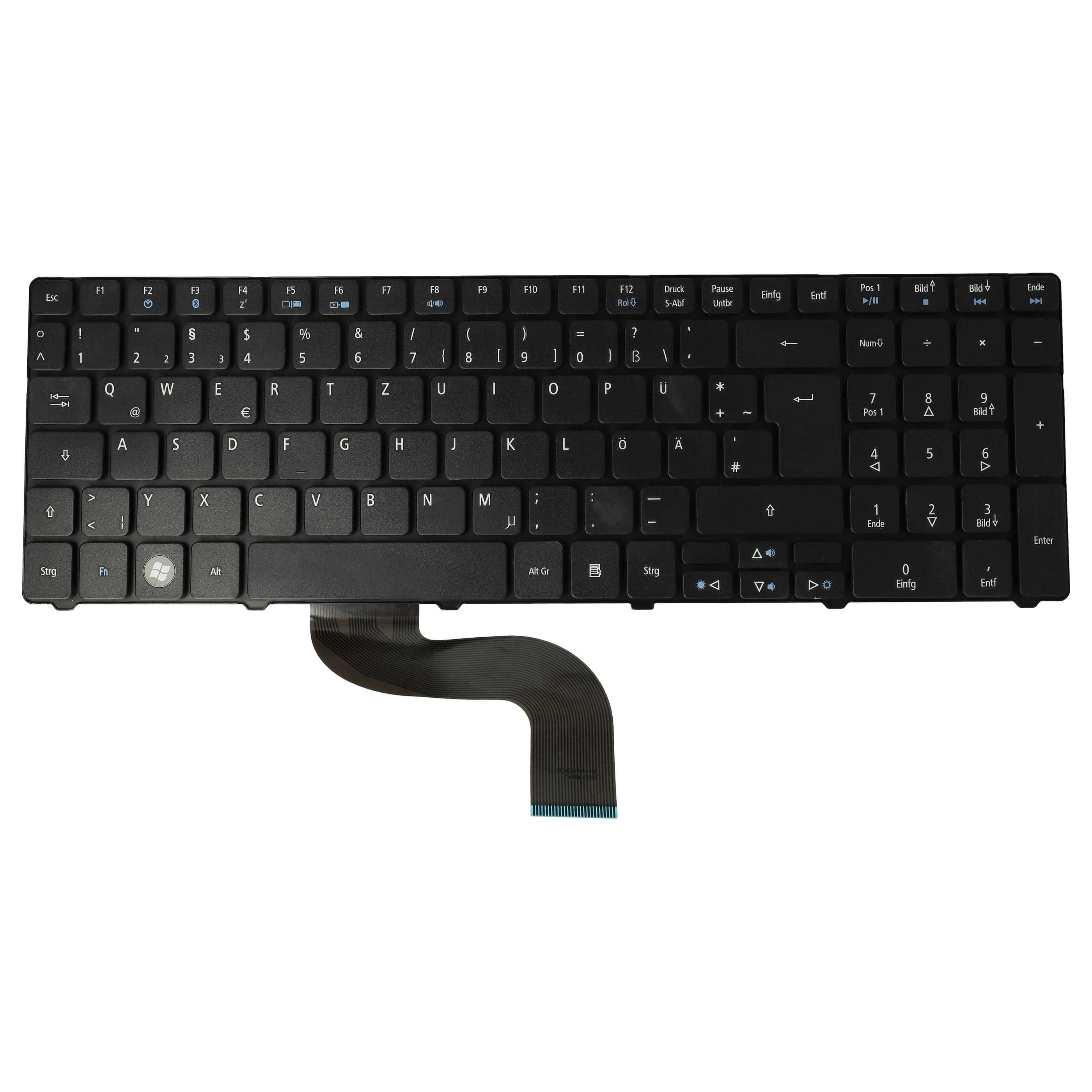 Schwarze Tastatur mit deutschen Beschriftungen und Flachbandkabel.