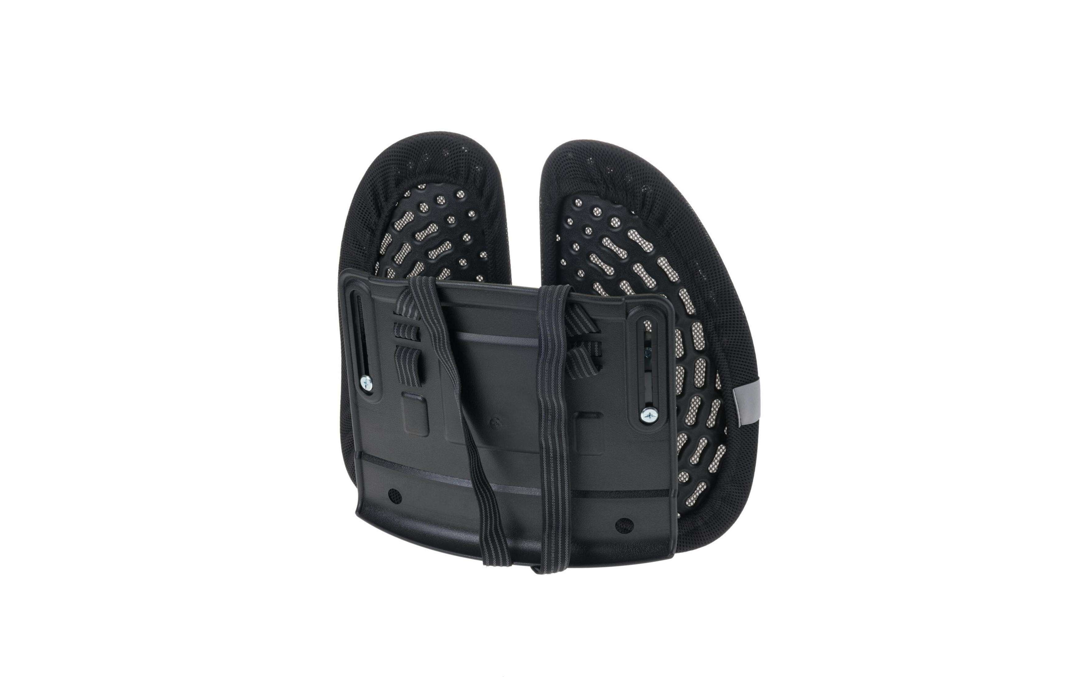 Schwarzer Lordosenstütz-Rückenlehnenbezug mit elastischen Gurten und Belüftungslöchern.