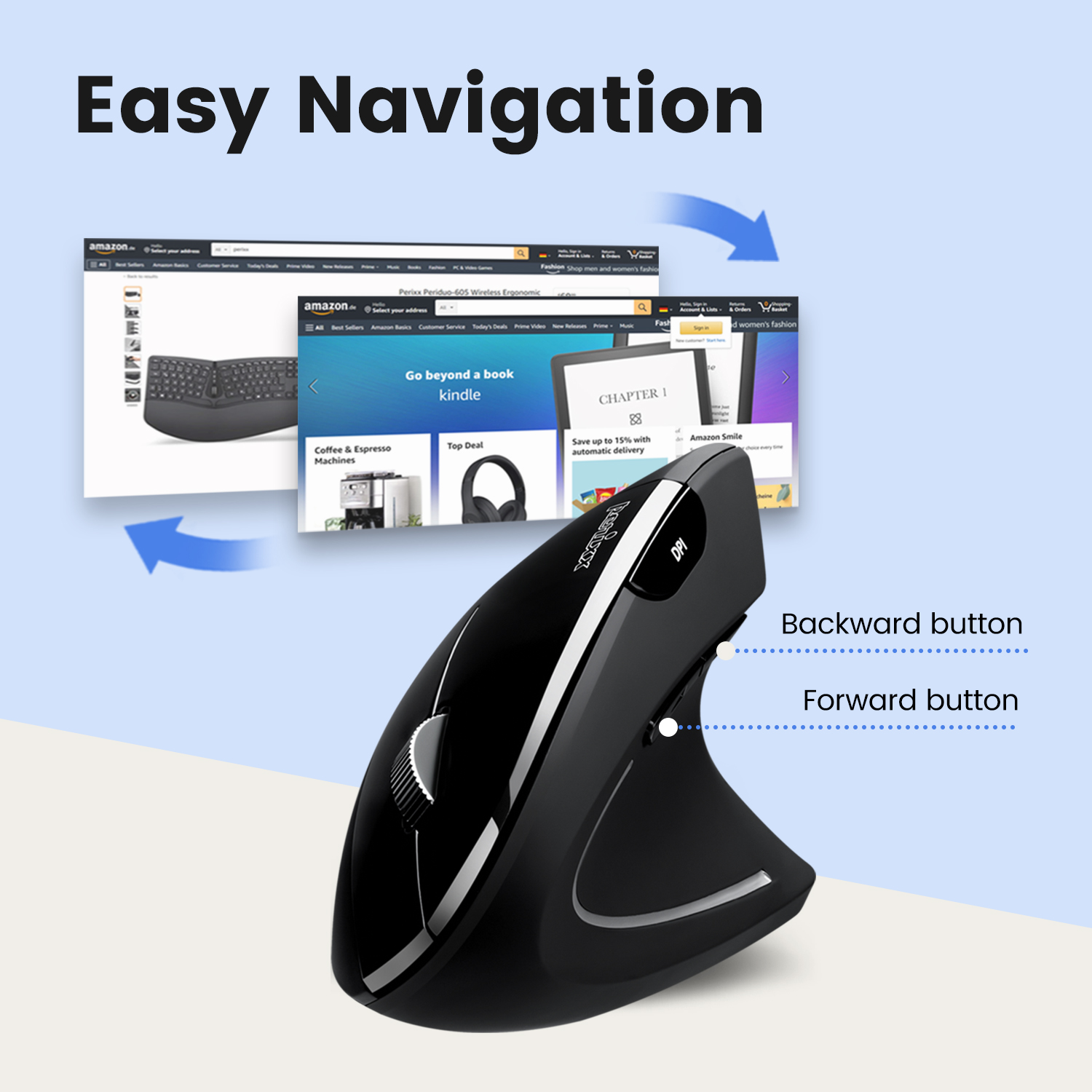 Schwarze ergonomische Maus mit Scrollrad und DPI-Taste. Amazon-Webseiten im Hintergrund.