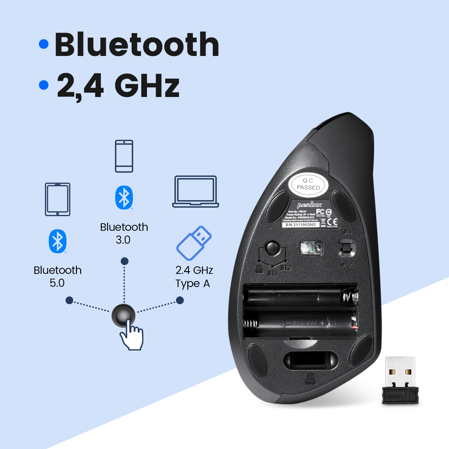 Ergonomische vertikale Maus mit Bluetooth & 2,4 GHz, zeigt AA-Batterien.