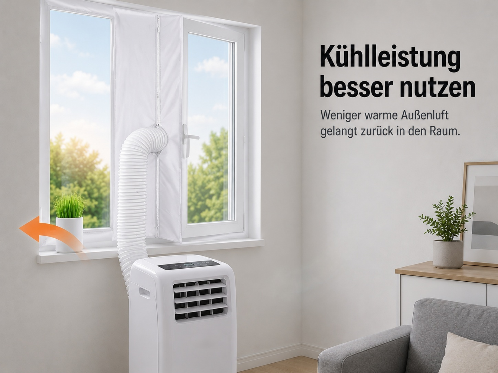 Ein mobiles Klimagerät mit Abluftschlauch an einem Fenster, drinnen.