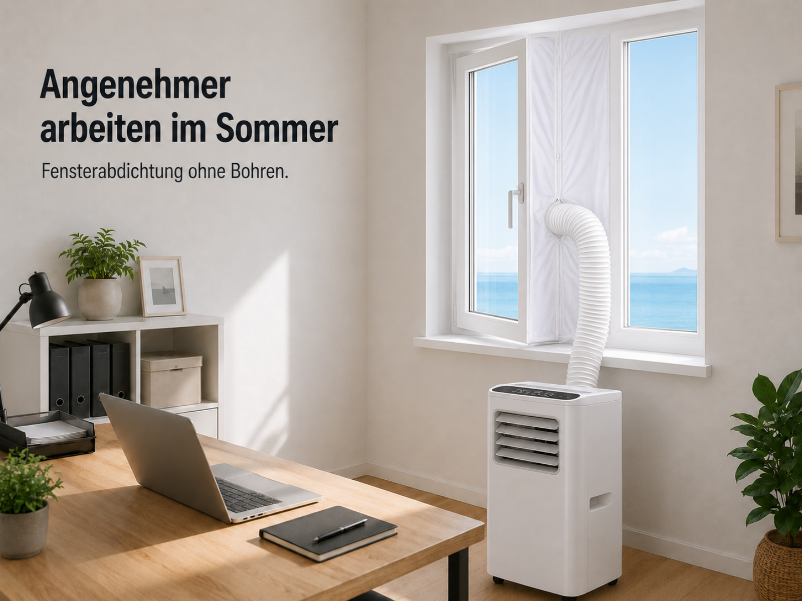 Ein tragbares Klimagerät mit Schlauch an einem Fenster, ein Schreibtisch mit Laptop.