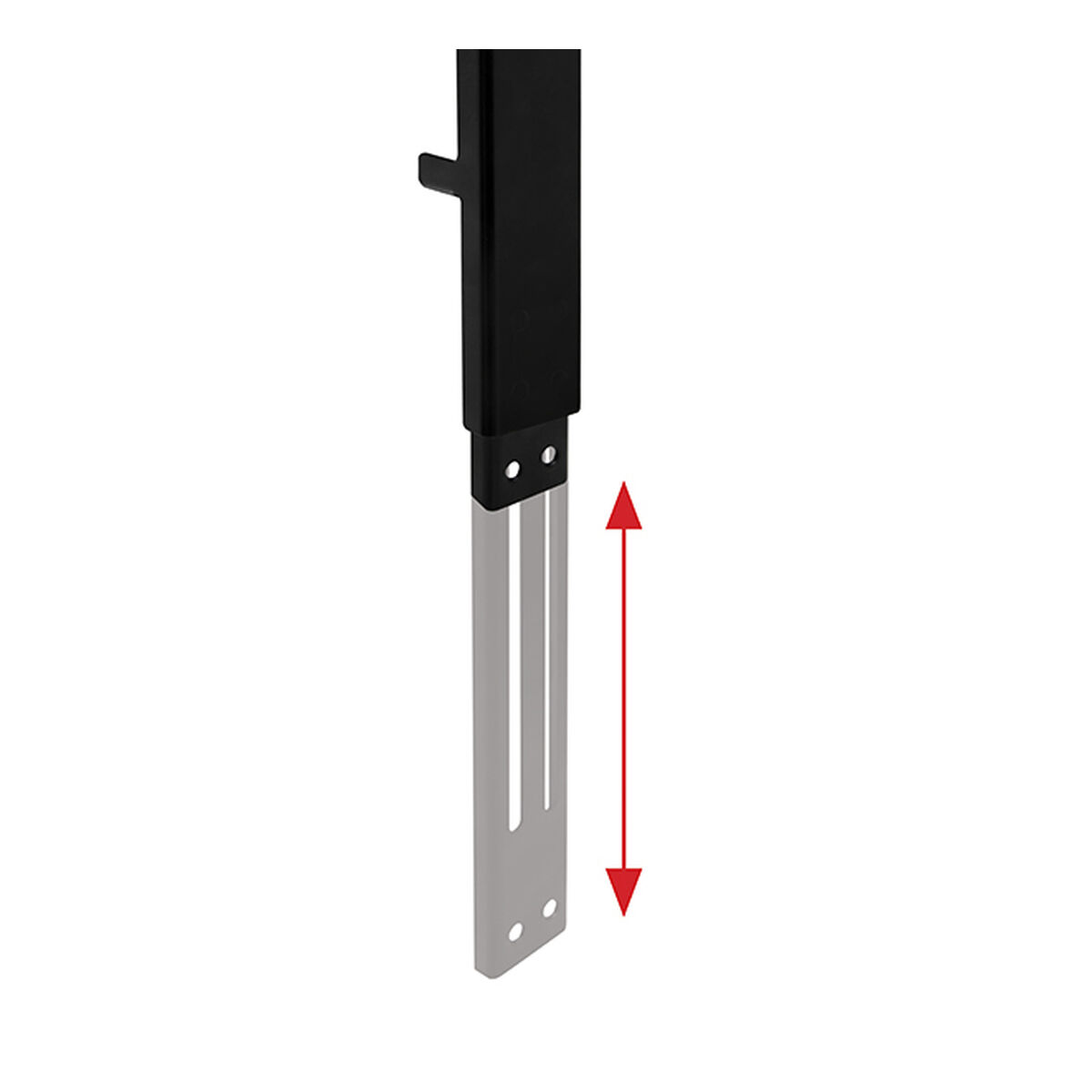 Ein schwarzer Metallarm mit einem silbernen Schiebeelement und einem roten Pfeil.
