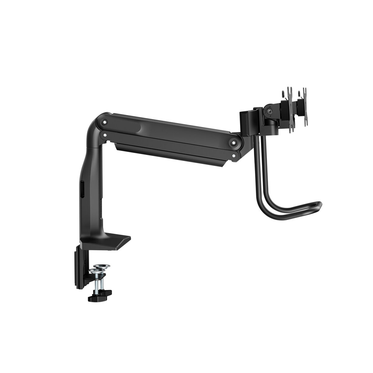 Schwarzer Monitorarm mit Klemme, verstellbar, für einen Schreibtisch.