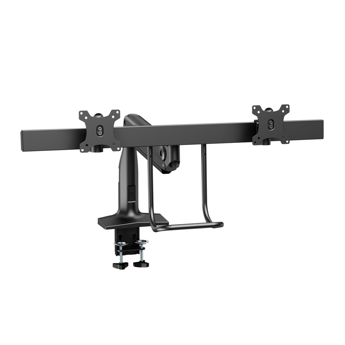 Schwarze Doppelmonitor-Schreibtischhalterung mit verstellbaren Armen und Klemmfuß.