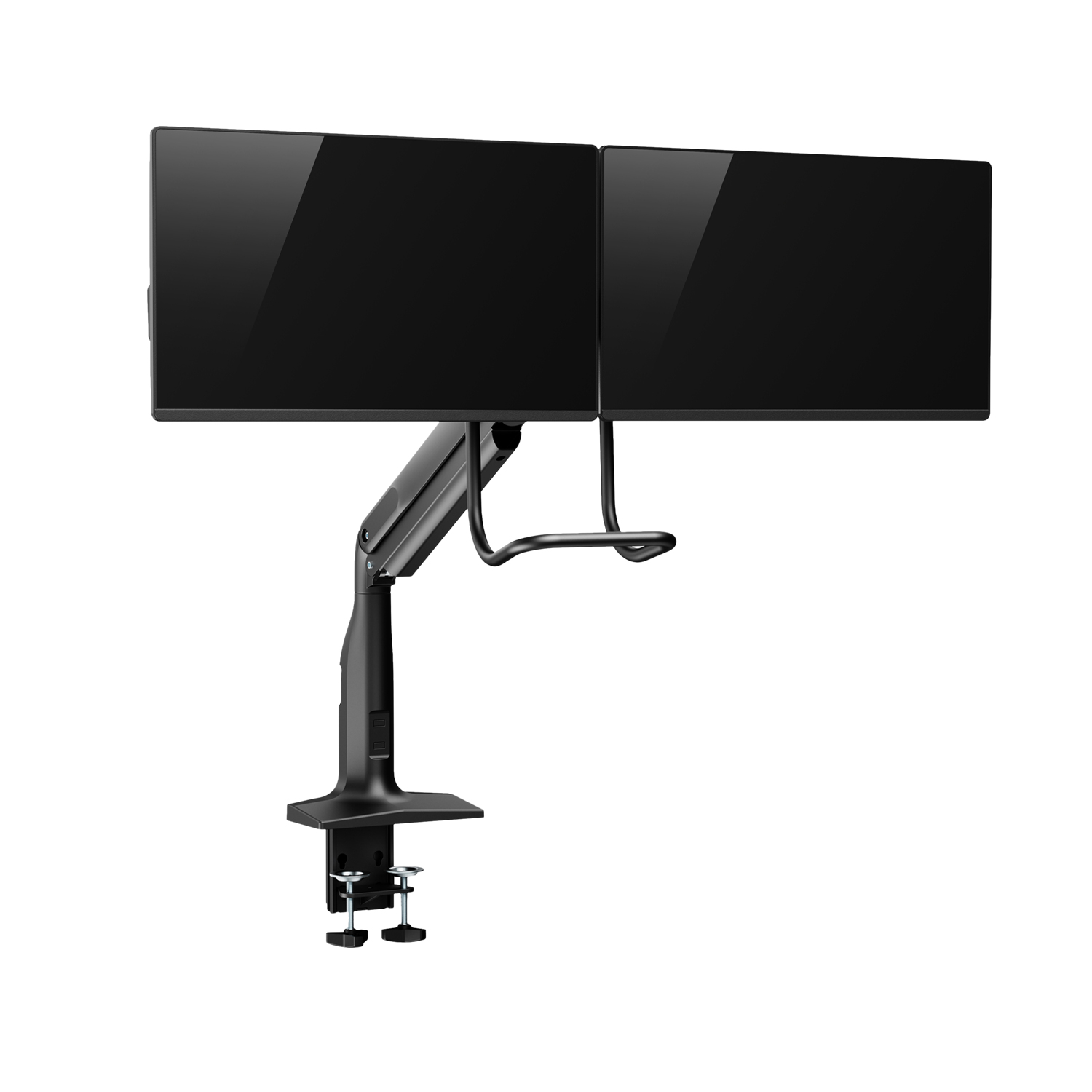 Doppelmonitorarm mit schwarzem Schwenkarm und Tischklemme.