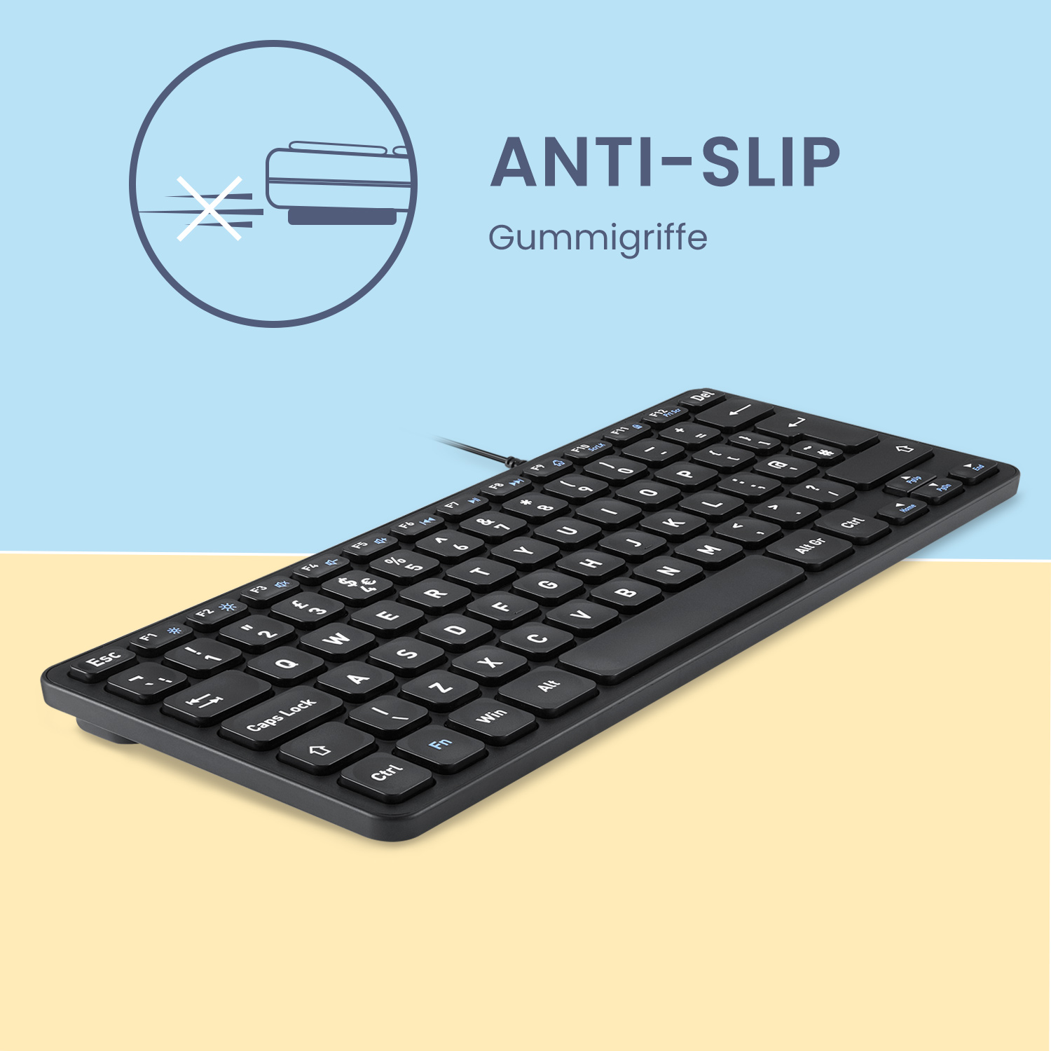 Schwarze Tastatur mit Anti-Rutsch-Gummifüßen auf hellem Hintergrund.