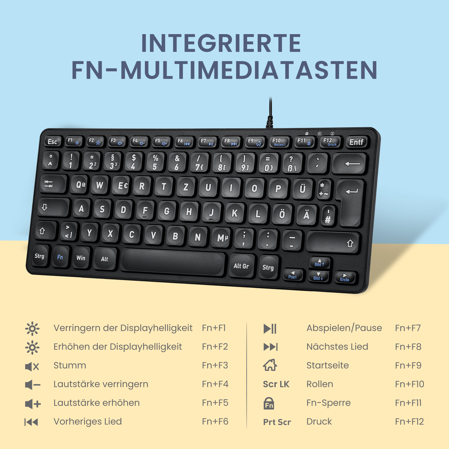 Tastatur mit integrierten FN-Multimediatasten und Liste der Tastenkombinationen.