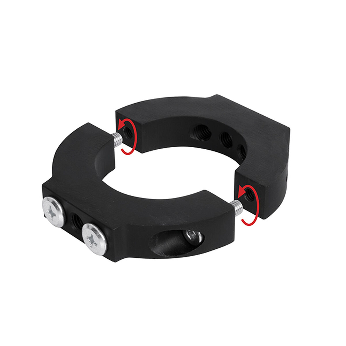 Ein schwarzer, zweiteiliger Klemmblock mit Schrauben und roten Pfeilen, die die Drehrichtung anzeigen.