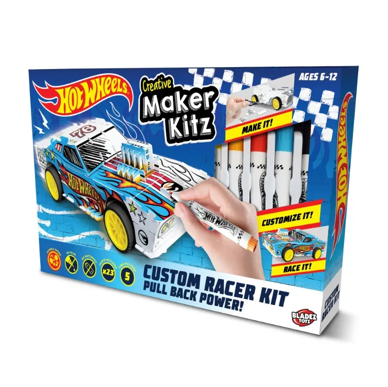 Zestaw Hot Wheels Maker Kitz z konfigurowalnym samochodem wyścigowym i markerami.