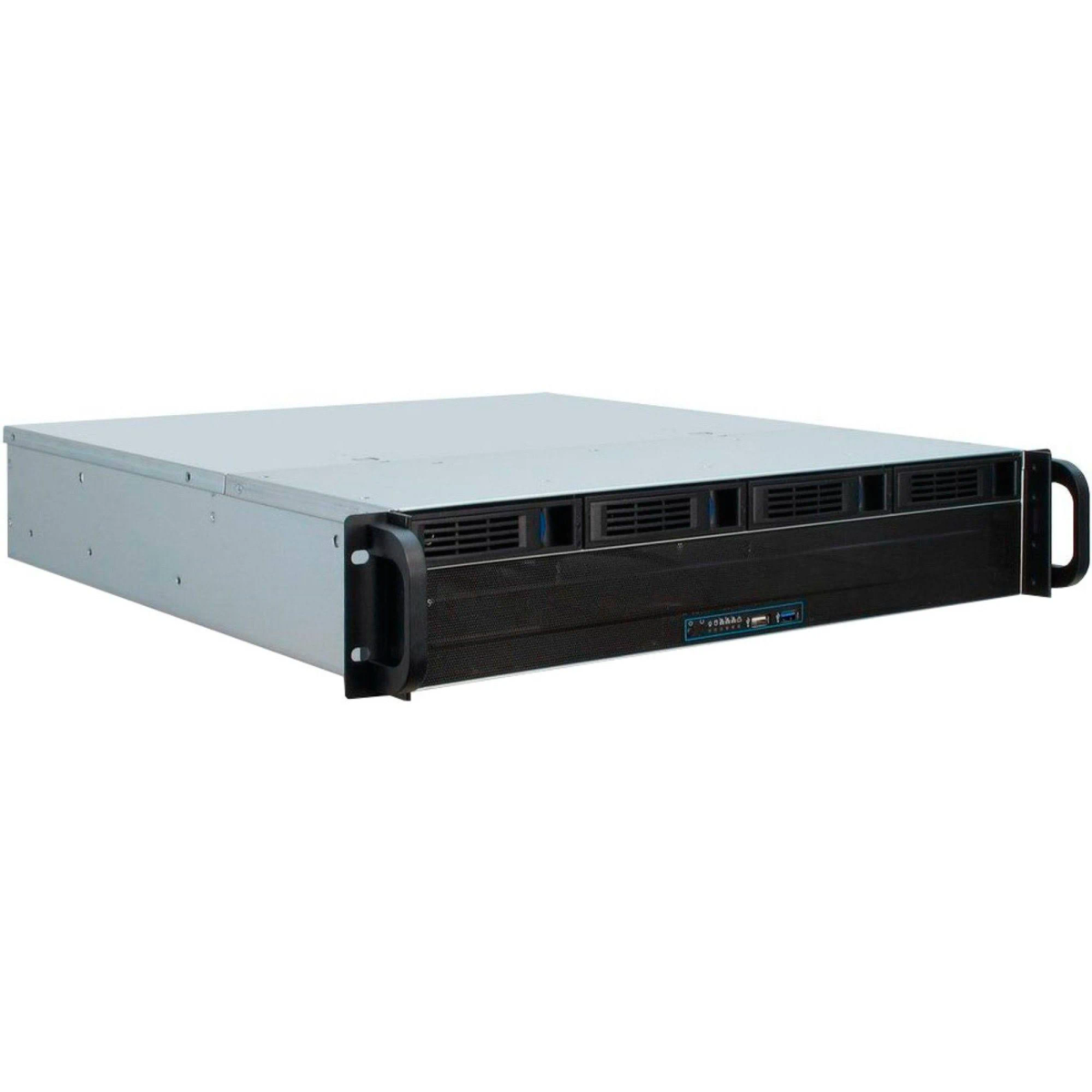 Ein silberner Rackmount-Server mit schwarzer Frontplatte, Griffen und Lüftungsschlitzen.