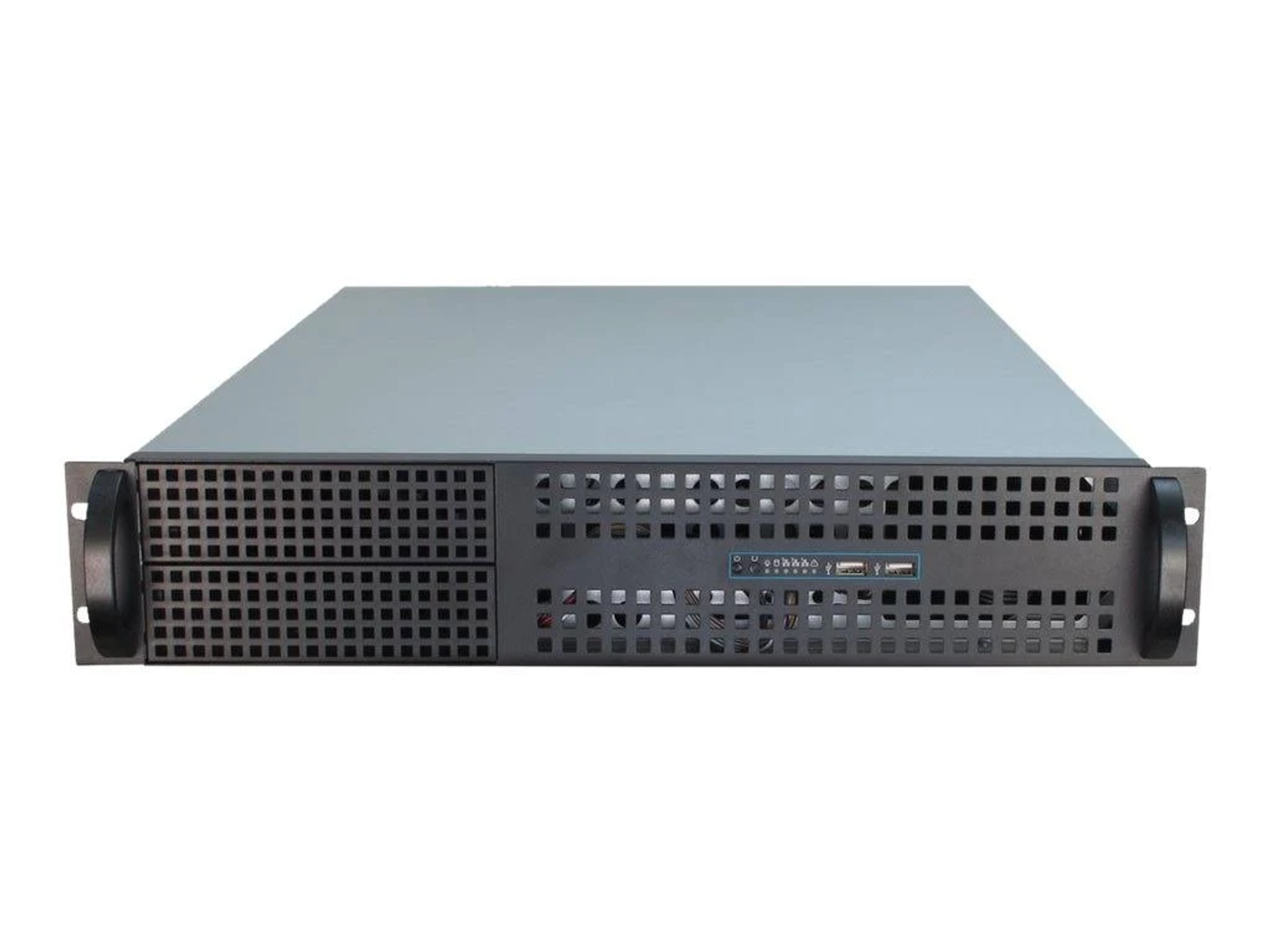Ein graues Rack-Server-Gehäuse mit zwei Griffen und Lüftungsgittern.