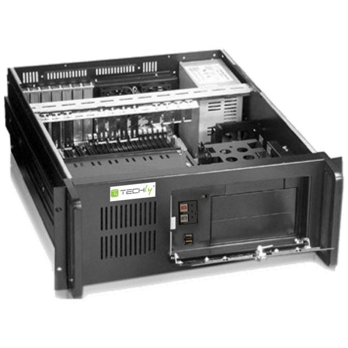 Offenes schwarzes Server-Rackmount-Computergehäuse mit sichtbaren Innenteilen.