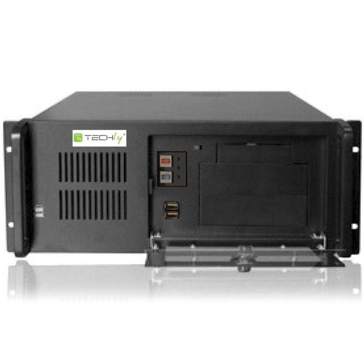 Ein schwarzes Rackmount-Gehäuse mit offenem Frontpanel, USB-Ports und Lüftungsschlitzen.