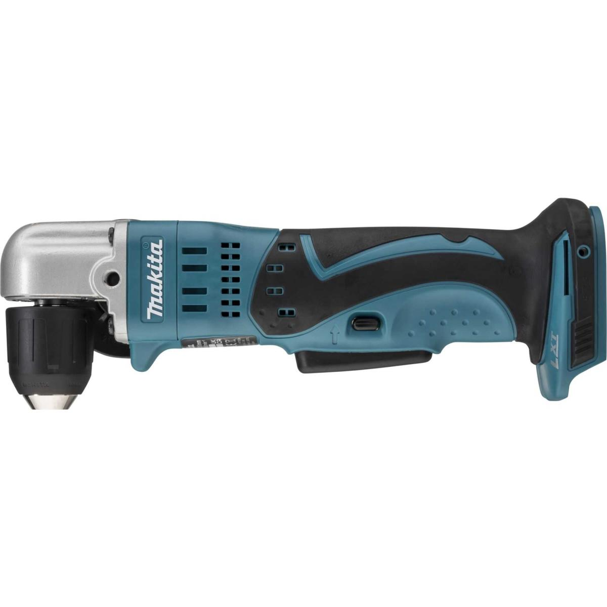 Un trapano angolare cordless Makita blu e argento con mandrino.