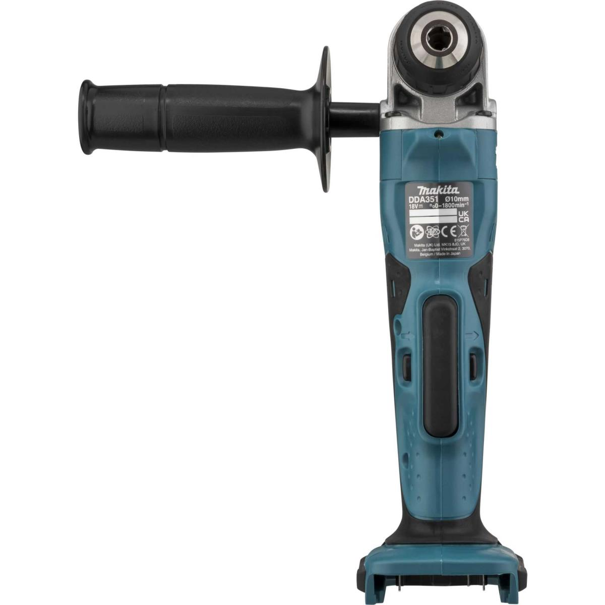 Trapano ad angolo Makita DDA351 con manico nero, corpo turchese e mandrino argentato.