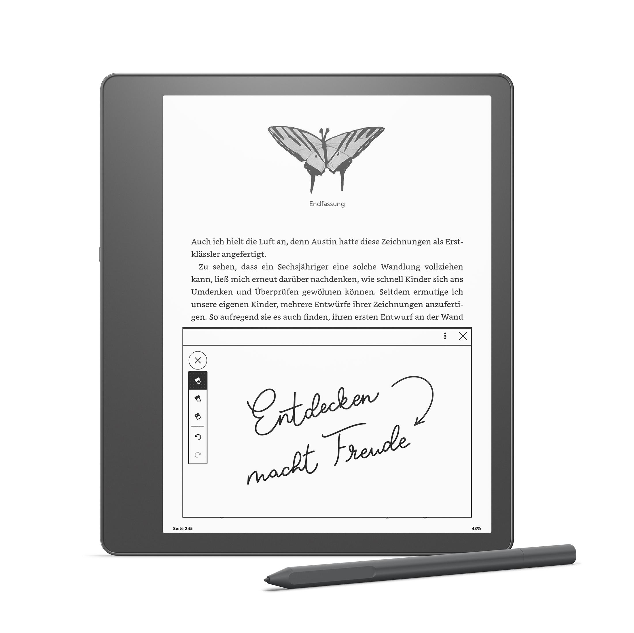Lector electrónico muestra dibujo de mariposa y texto alemán. Un lápiz yace abajo.
