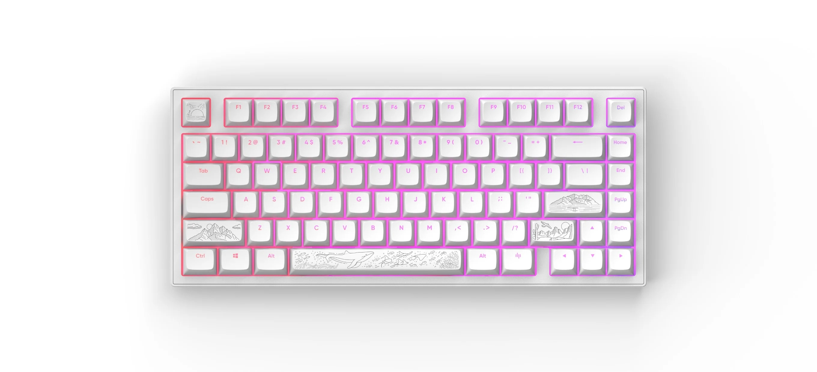 Weiße Tastatur mit rosa Akzenten. Tasten zeigen Sonnenuntergang, Berge und Wal.