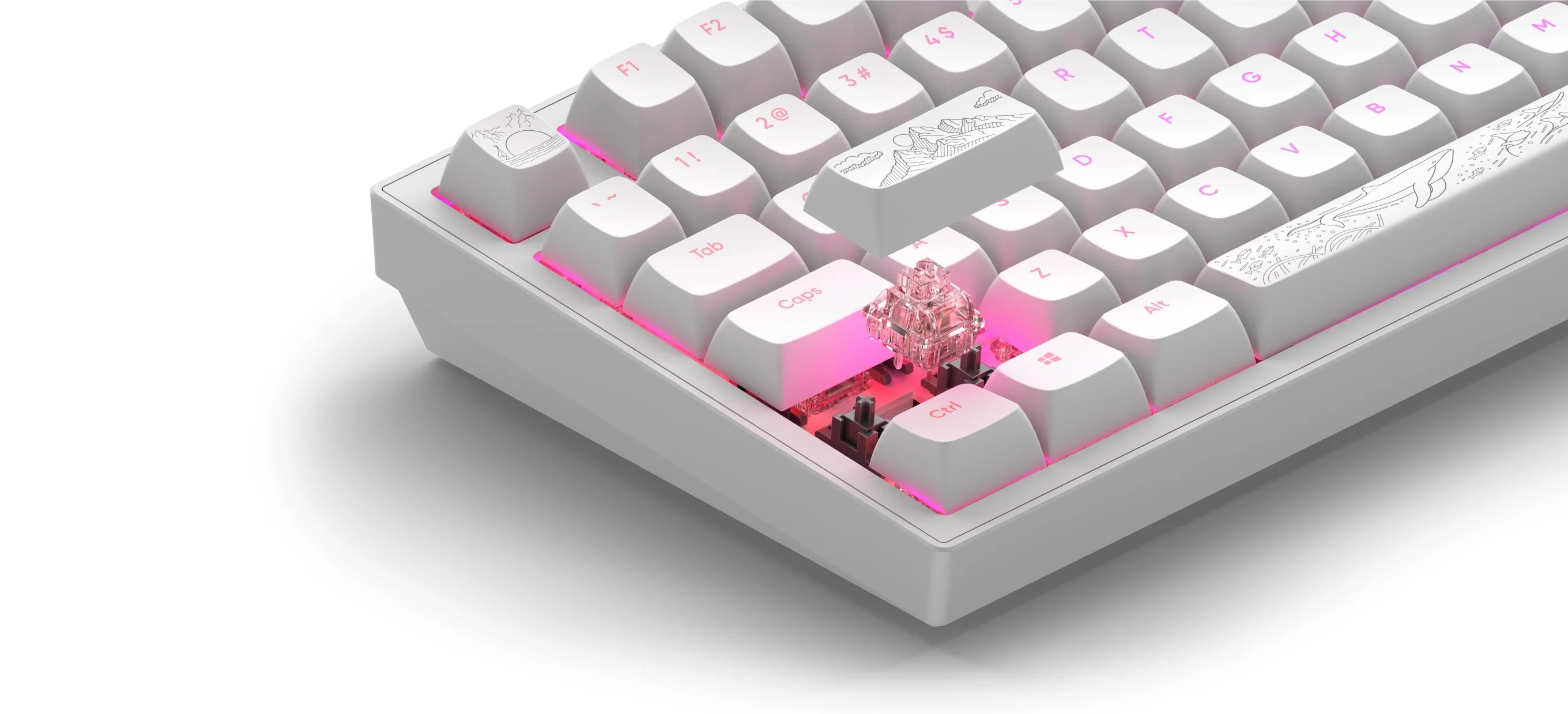 Weiße Tastatur mit rosa Hintergrundbeleuchtung und illustrierten Tasten.