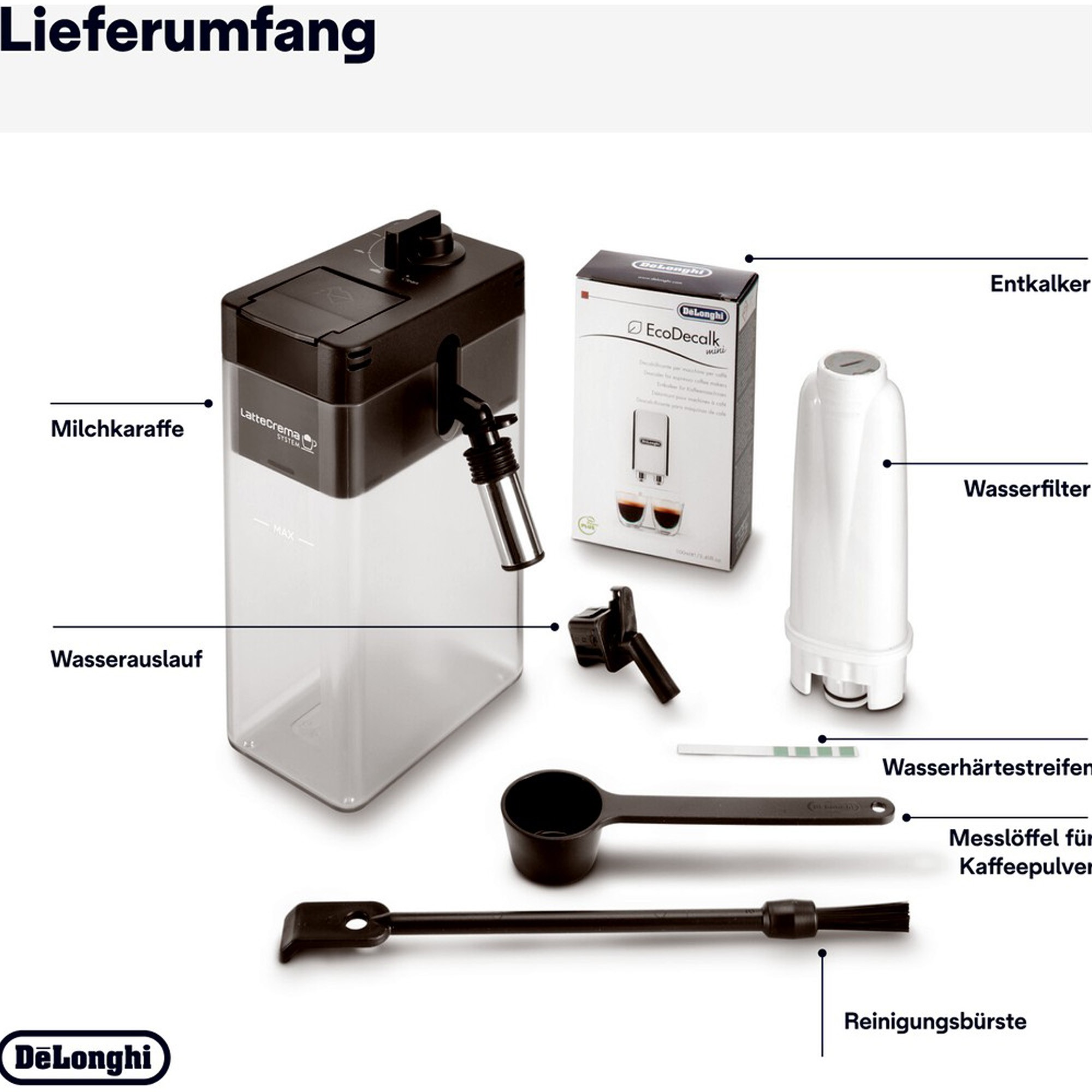 Contenuto della confezione: Caraffa latte, decalcificante, filtro acqua, misurino, spazzola.