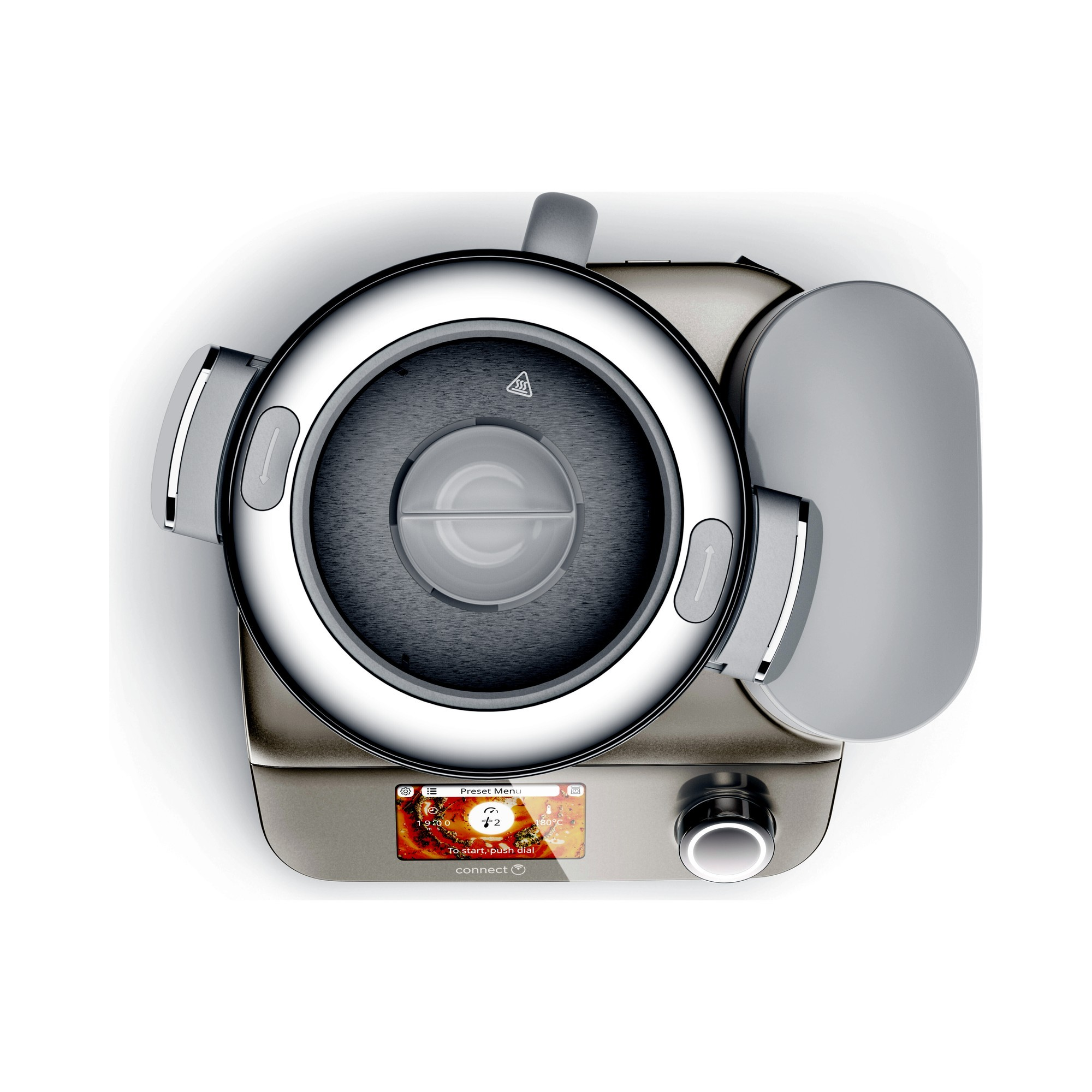 Ein moderner Küchenroboter in Grau mit einem Touchscreen-Display und einem Drehknopf.