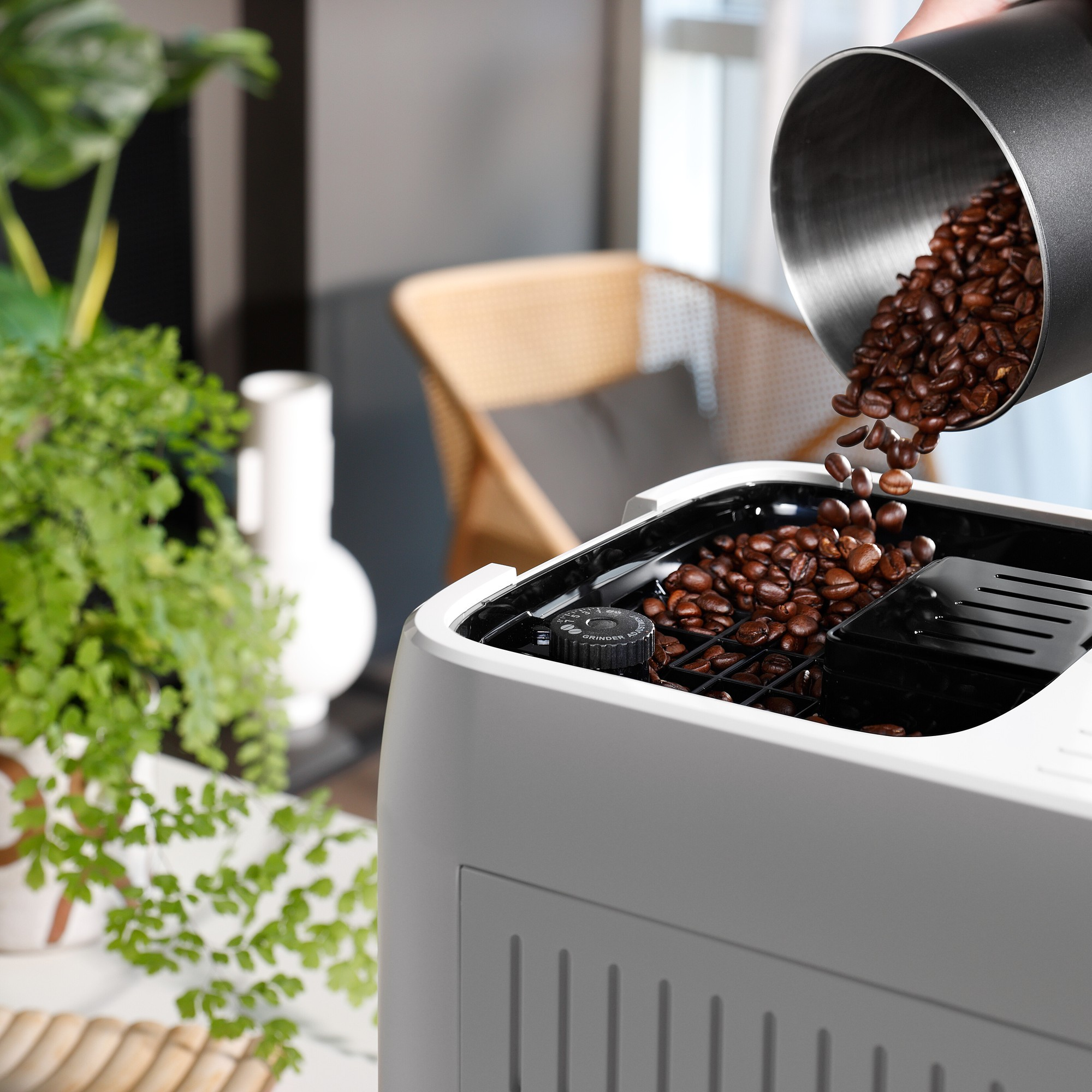 Kaffeebohnen werden in einen silbernen Behälter geschüttet.