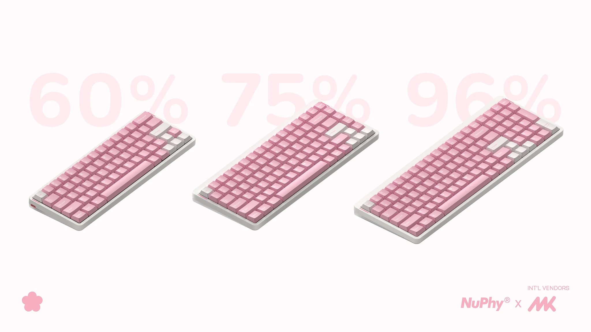 Trzy różowe klawiatury w różnych rozmiarach (60%, 75%, 96%) na białym tle.
