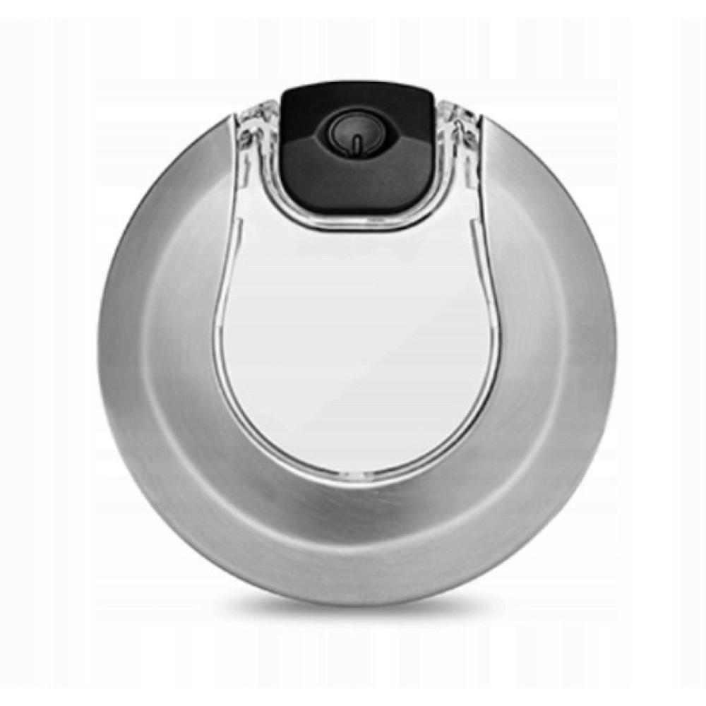 Vista dall'alto di un robot aspirapolvere argentato con pulsante nero e coperchio trasparente.