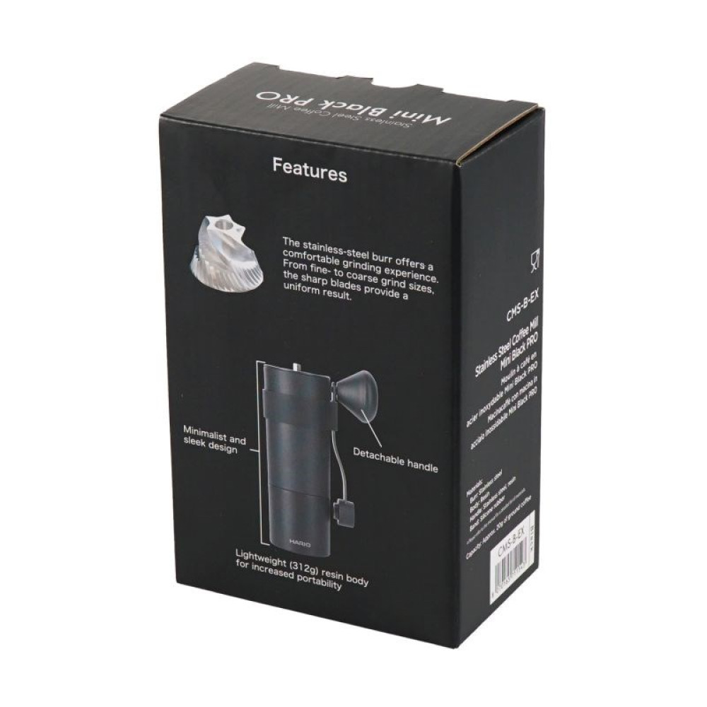 Confezione di un macinacaffè nero, che mostra caratteristiche e dettagli.