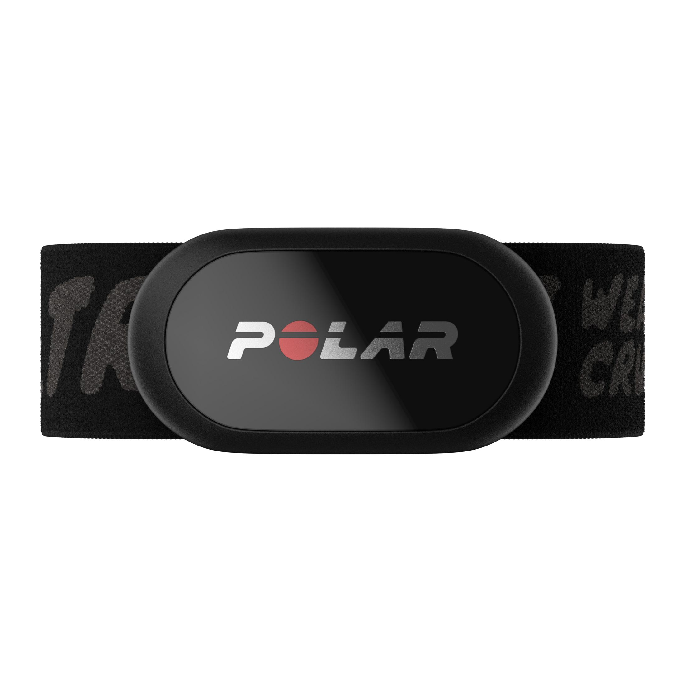 Ein schwarzer Polar Herzfrequenzgurt mit dem Polar-Logo.