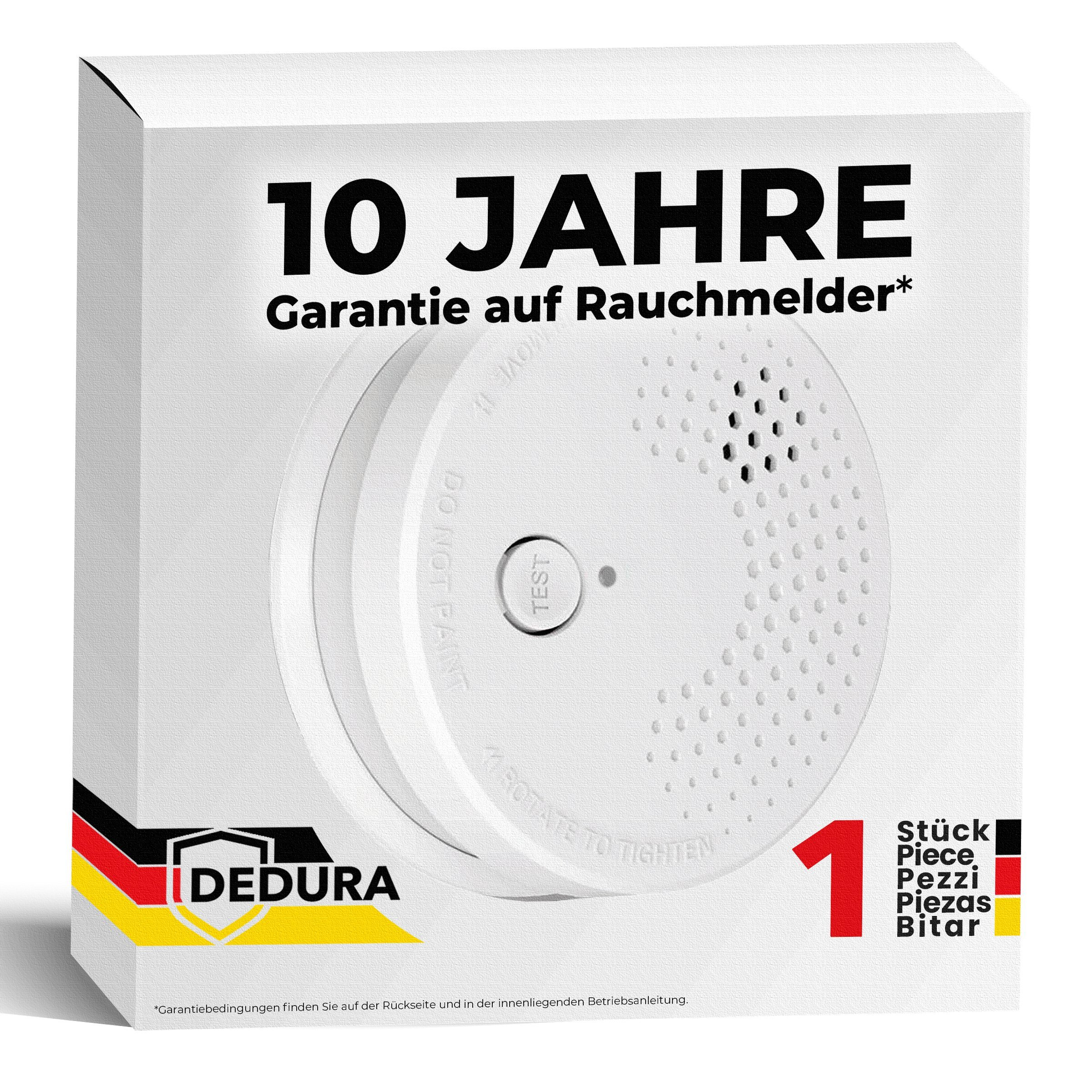 Weiße Rauchmelder-Verpackung mit Aufschrift '10 Jahre Garantie' und dem Logo.