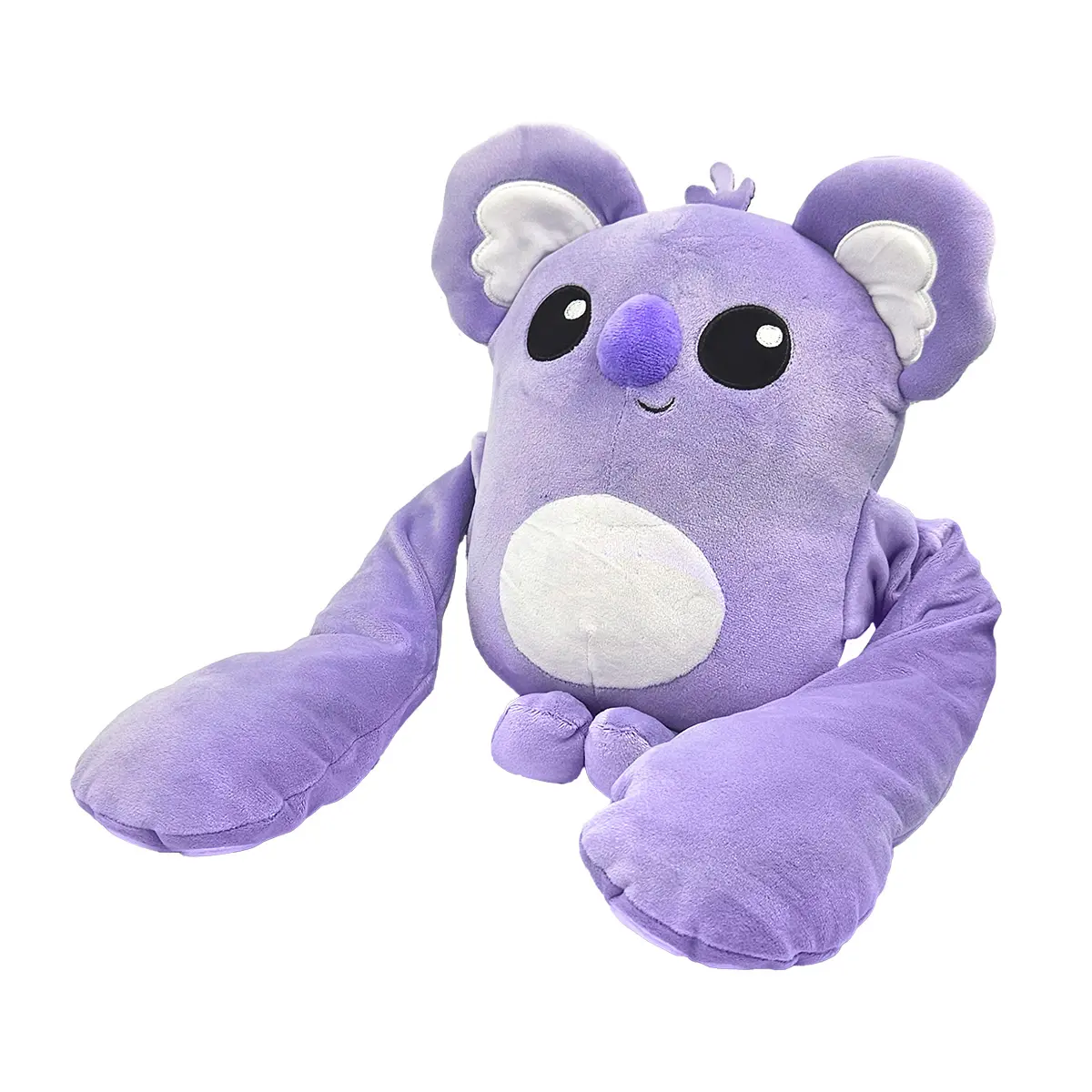 Fioletowa pluszowa zabawka koala z dużymi czarnymi oczami i fioletowym nosem.