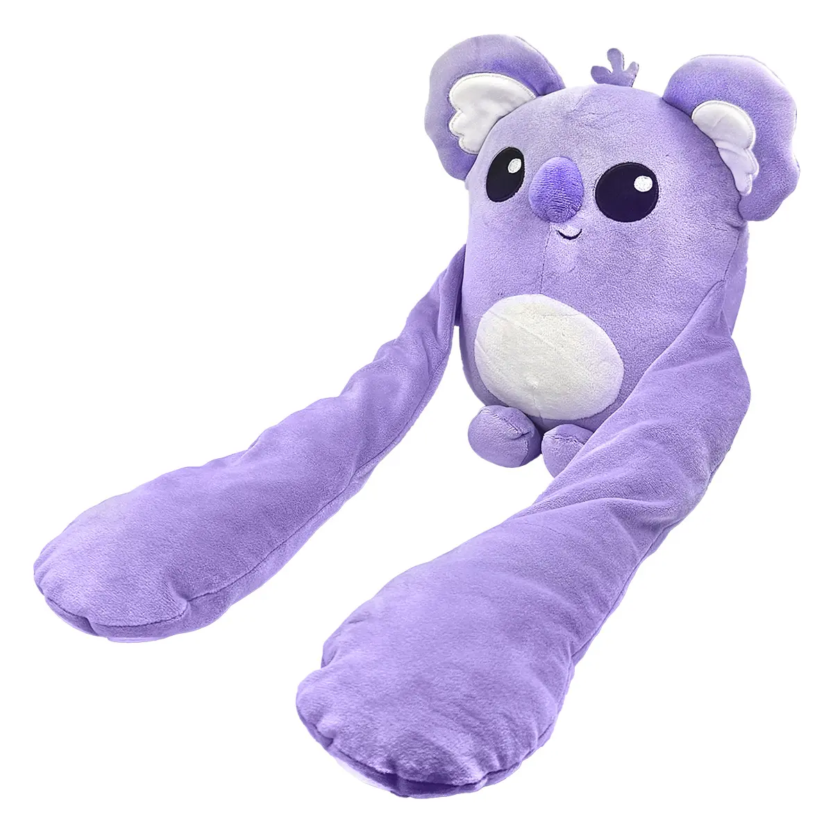 Pluszowa fioletowa zabawka koala z długimi, zwisającymi ramionami i białym brzuchem.