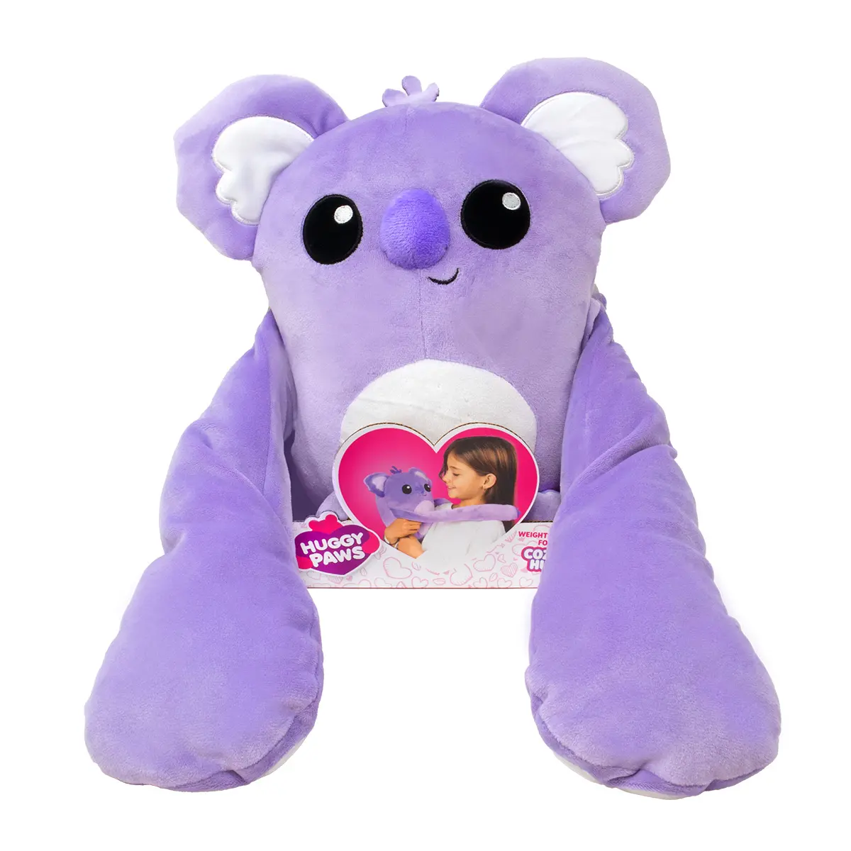 Fioletowa pluszowa zabawka koala z dużymi czarnymi oczami i małą naszywką w kształcie serca.