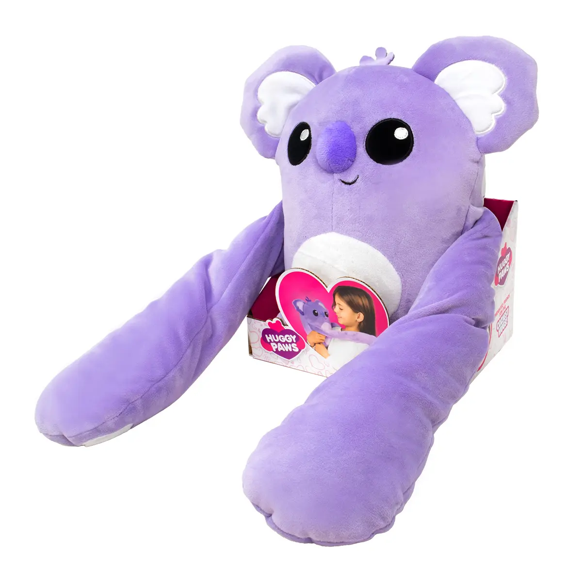 Fioletowa pluszowa zabawka koala z długimi ramionami, pokazana z opakowaniem.