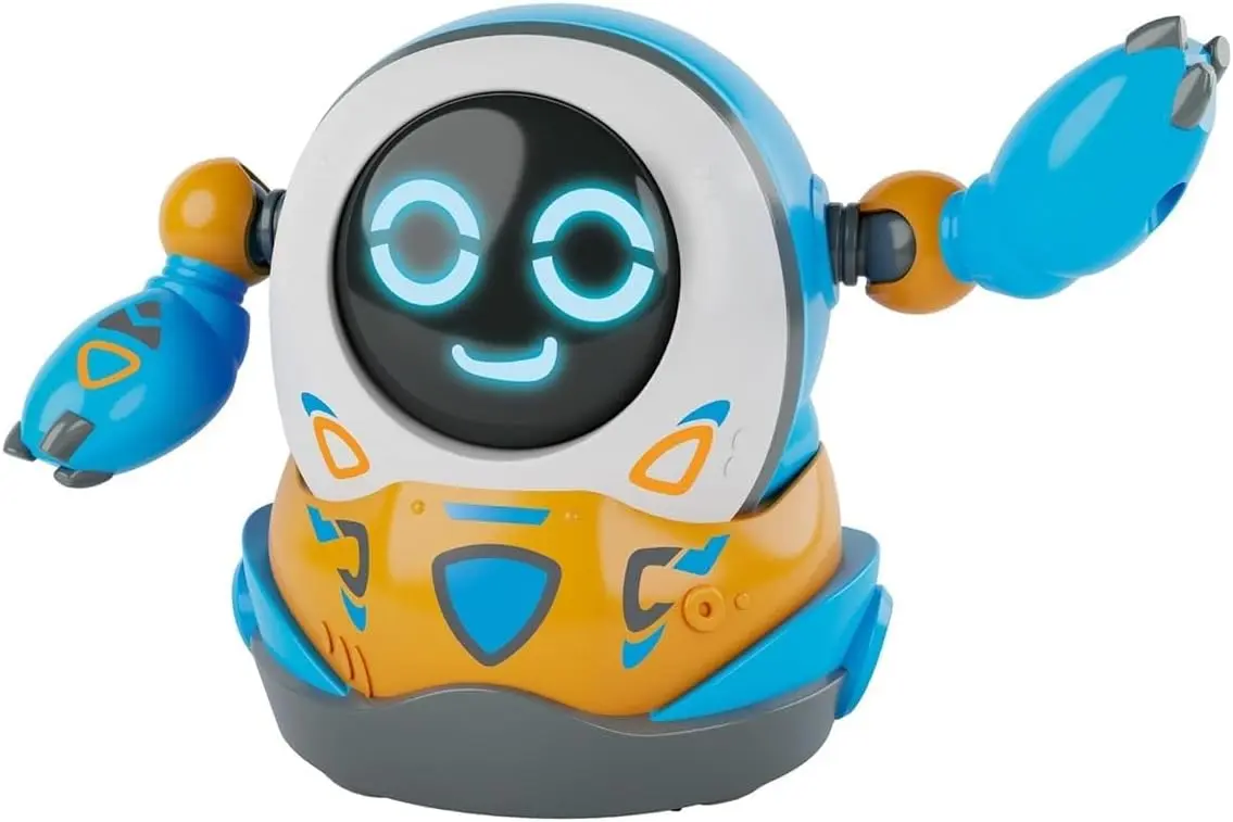Uroczy niebiesko-pomarańczowy robot z uśmiechniętą twarzą na ekranie.