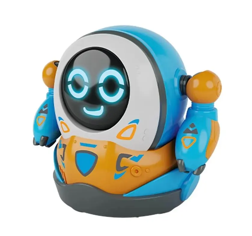 Niebiesko-pomarańczowy robot ze świecącymi oczami i uśmiechniętą twarzą.