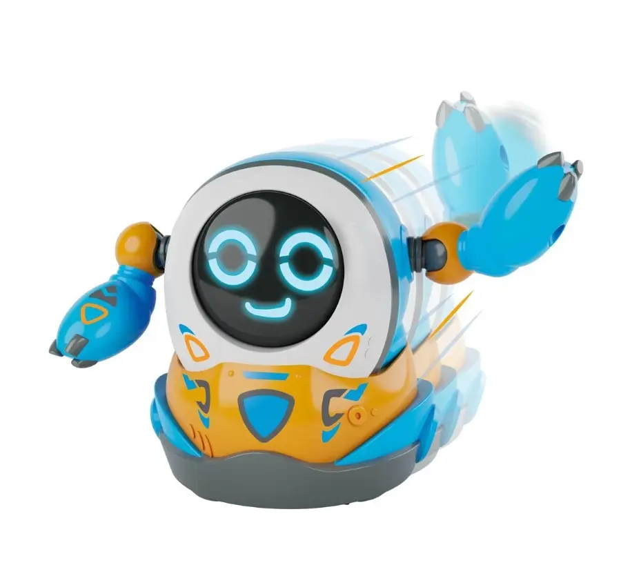 Niebiesko-pomarańczowy robot zabawkowy ze świecącymi oczami i ruchomymi ramionami.