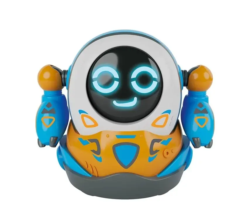 Mały, okrągły, niebiesko-pomarańczowy robot ze świecącymi niebieskimi oczami.