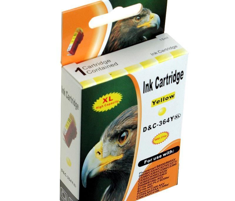 Gelbe Tintenpatrone D&C-364Y XL mit Adler auf der Verpackung.