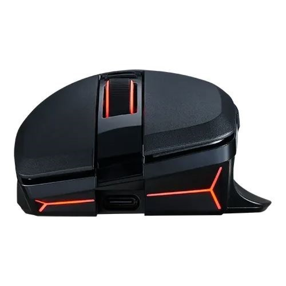 Czarna mysz gamingowa z czerwonymi akcentami LED, port USB-C z boku.