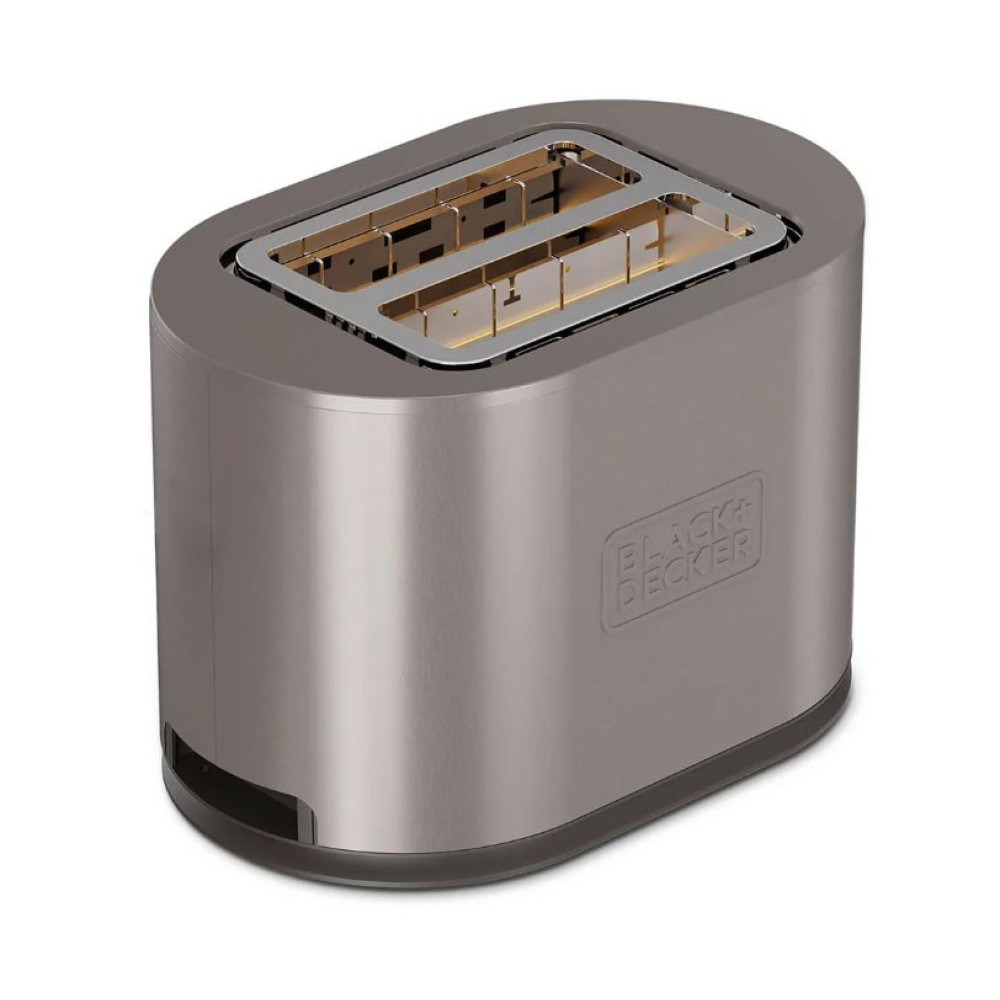 Un tostapane grigio a due fessure con logo Black+Decker.